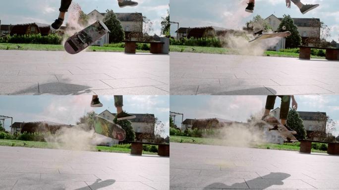 MS TIMEWARP EFFECT年轻男子在阳光小镇广场用粉末翻转滑板