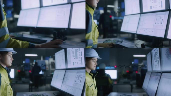 工业4.0现代工厂: 女性设施操作员控制车间生产线，使用计算机，屏幕显示机器操作过程、控制器、机械蓝