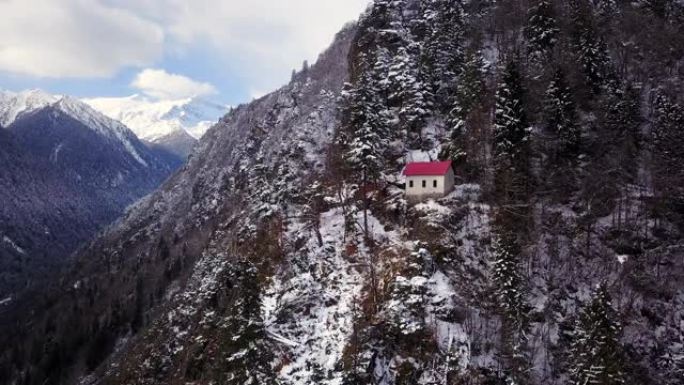 秋冬季白雪景观树的鸟瞰图，在有雪和美丽的自然色彩的山区。