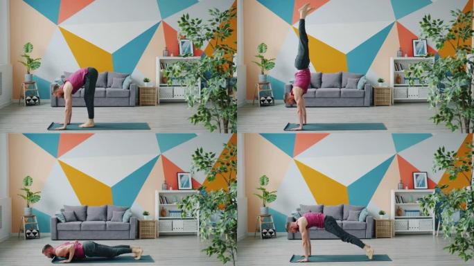 在公寓里练习家庭瑜伽时做倒立的男人的慢动作