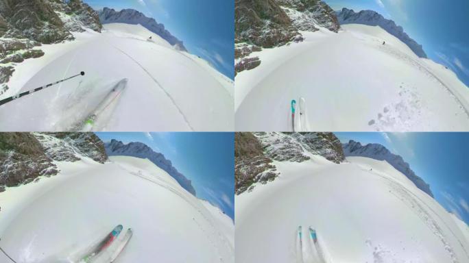 POV 360VR: 在加拿大偏远山区的原始地形上滑雪。
