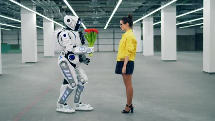 白色机器人给一个女人一串郁金香。