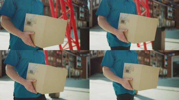 送货员拿着纸箱包装走过现代时尚的商业区。快递员在将邮政包裹交付给客户的途中。关注套餐。低角度慢动作