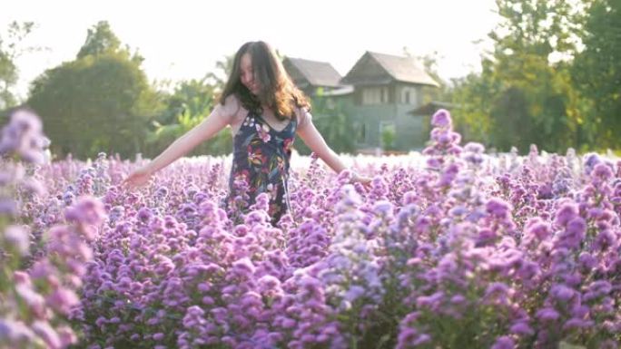 女人在紫花农场里快乐有趣