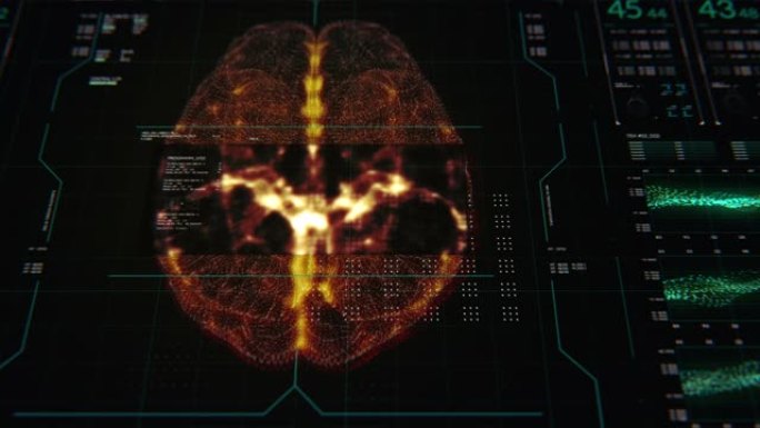 带有大脑分析的用户界面HUD动画，用于处理谷物的网络未来概念的黑暗背景
