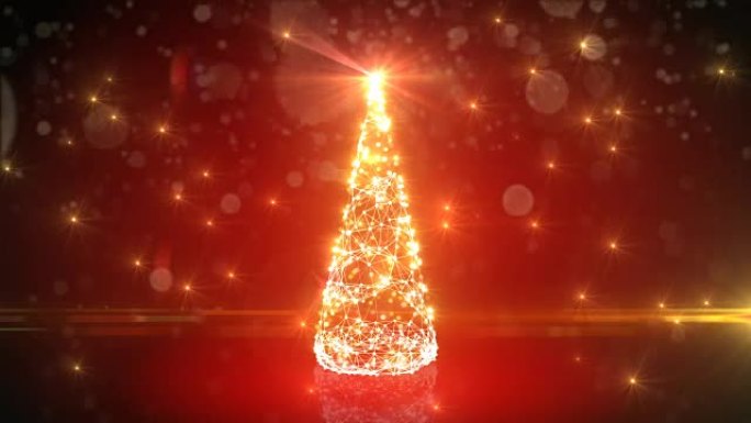 现代红色数字圣诞树在抽象的网络空间中像网格一样生长。闪烁的灯光。圣诞快乐，新年快乐。