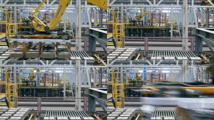 现代工业工厂的机器与工厂中的砖托盘一起工作。