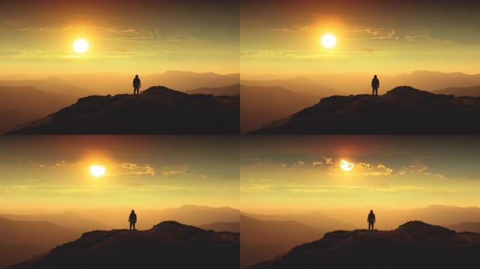 那个人站在山顶上，顶着美丽的日出。时间流逝