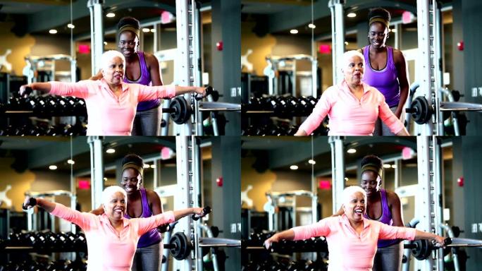 健身房的高级非裔美国女性，私人教练