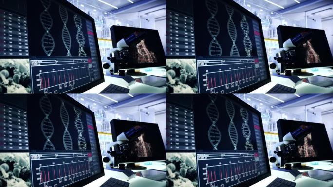 未来的实验室设备。计算机屏幕上的DNA研究