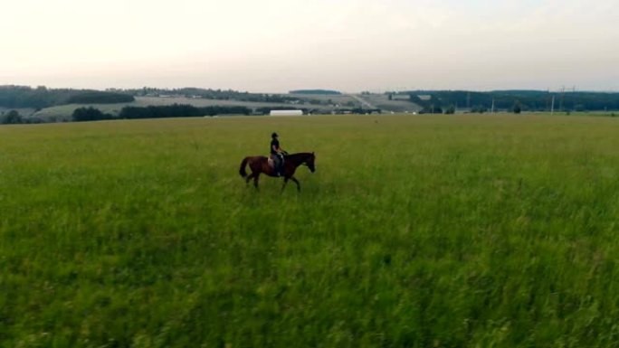 女人在田野里骑马，俯视图。