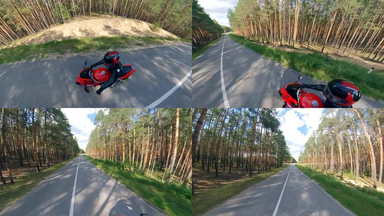 森林路和一个驾驶摩托车的人。路上的摩托车。