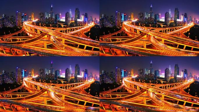 上海延时照亮了城市前面的黄色和红色公路。概念。进城。金融区。城市景观和天际线。