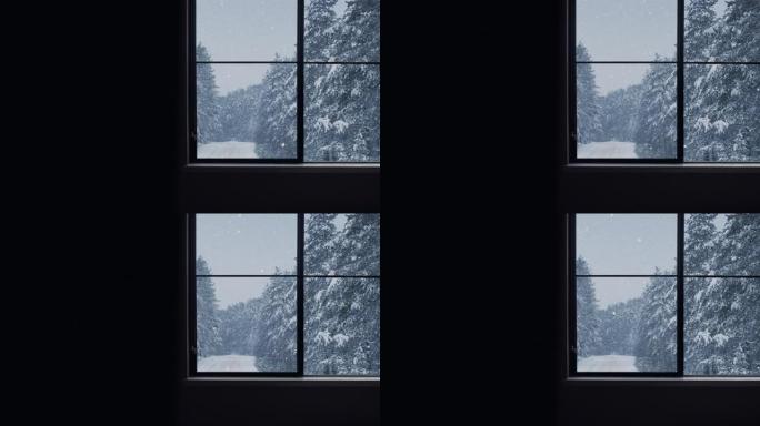 俯瞰冬季森林的木窗轮廓。美丽的冬季风景与飘落的雪。