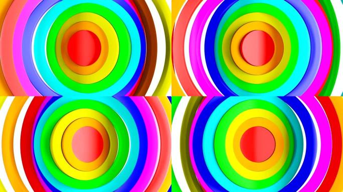 抽象圆圈在彩虹色无缝背景中挥舞。彩色环波纹图案的循环3d动画。艺术概念。