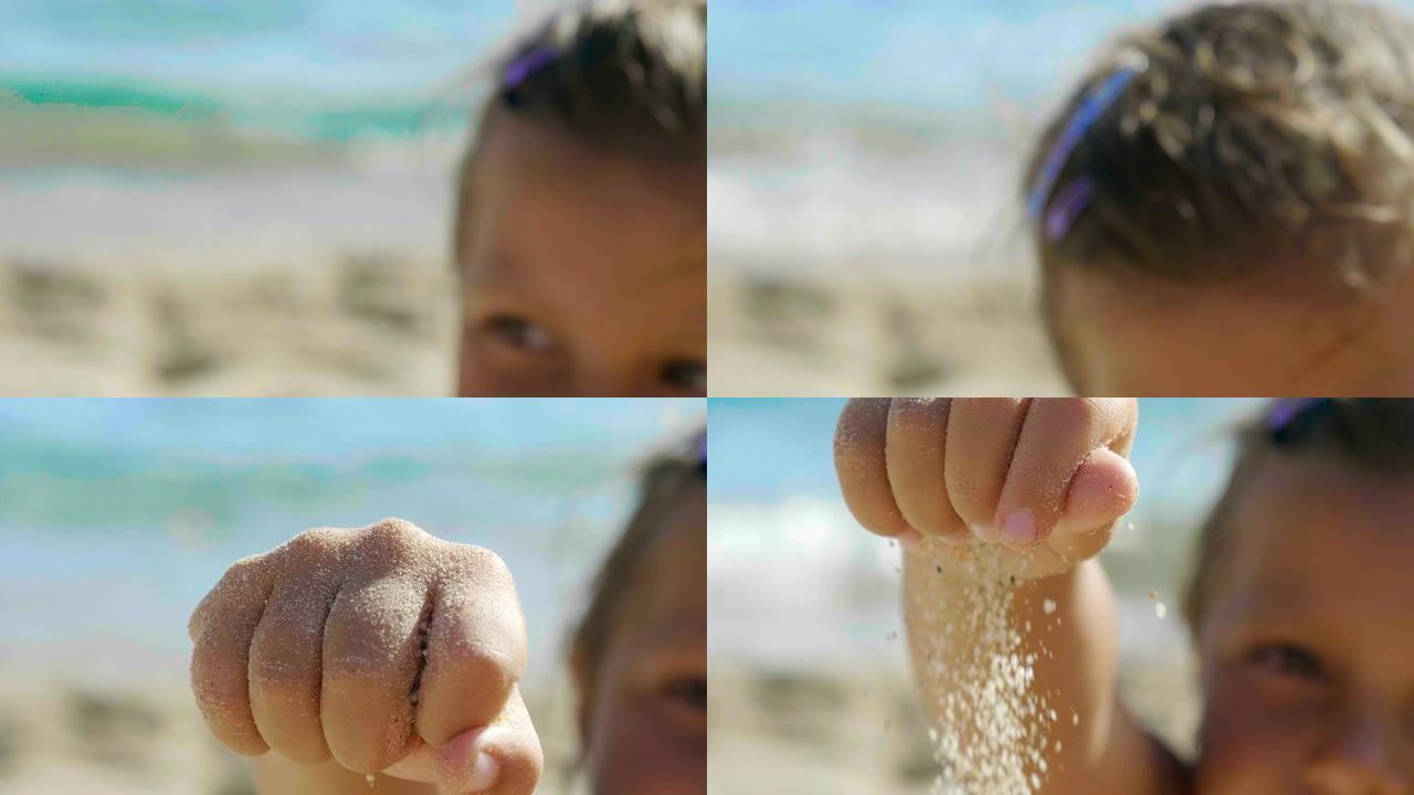 一个小女孩在海边的沙滩上玩耍，小腿和手指，穿着泳衣，背景是黄沙和蓝色的水。