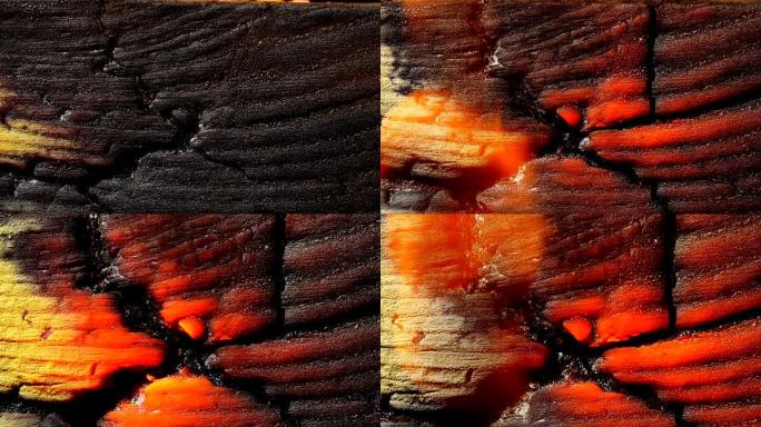 燃烧的木材纹理。特写。时间流逝。