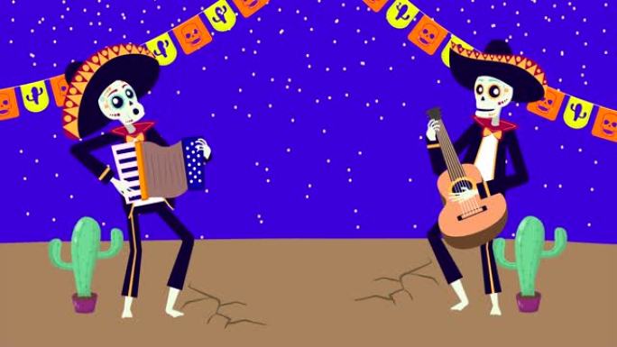 viva mexico动画与头骨mariachis弹吉他和手风琴