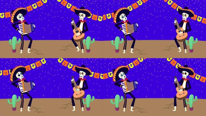 viva mexico动画与头骨mariachis弹吉他和手风琴