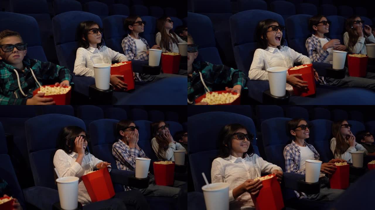 一群孩子在电影院观看恐怖的3D电影