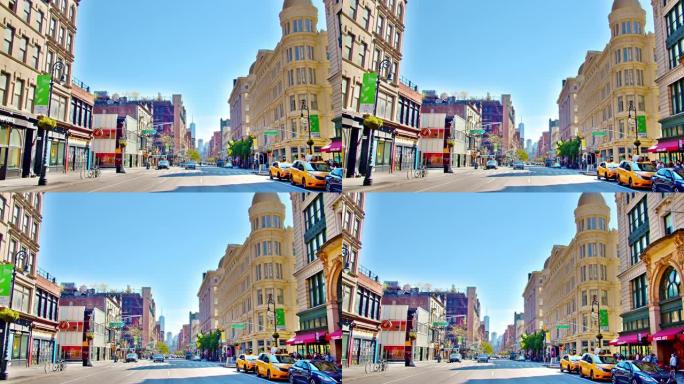 空的第六大道。荒芜的城市街道。自由塔。现代和古老的建筑。城市道路上的汽车和黄色出租车。美国纽约