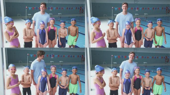 与男教练一起站在游泳池边缘的儿童肖像
