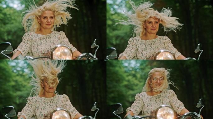 时间扭曲女人在森林里骑着踏板车玩得开心