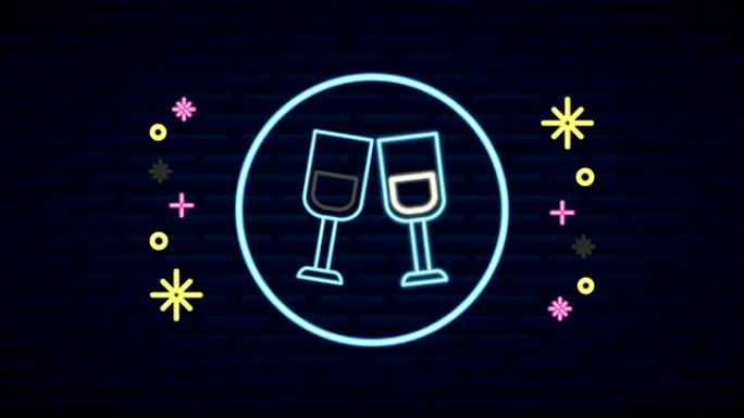 情人节霓虹灯标签与香槟杯动画