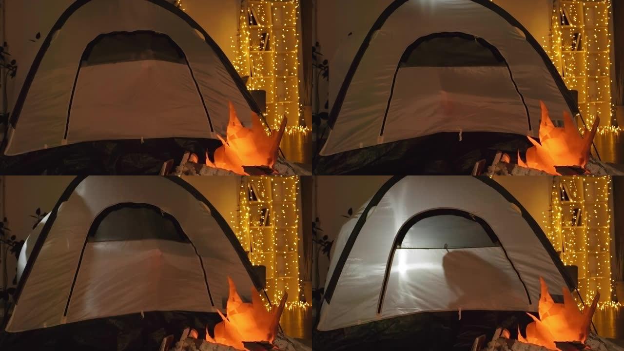儿童剪影在帐篷中快速移动