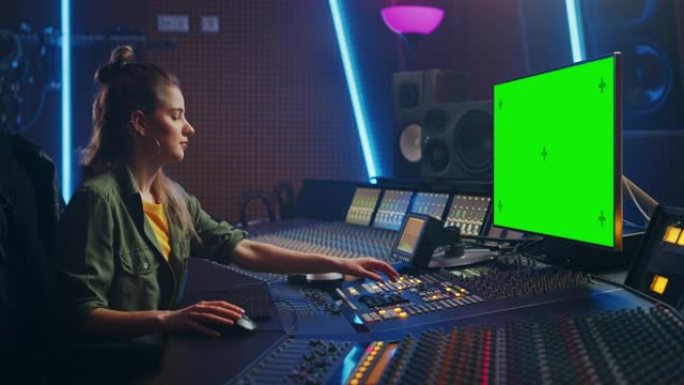 在音乐唱片公司工作的时尚女性音频工程师/制作人的肖像，使用绿屏计算机，调音台，控制台来创作新歌。女艺