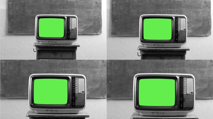 学校里20世纪80年代绿屏电视。黑白色调。