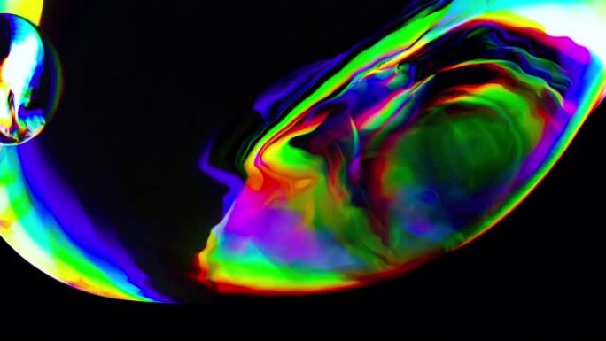 彩色3D抽象动画背景。黑暗空间中的运动透明多色玻璃球。活性移动液体彩色气泡。动态波状球面光谱颜色渐变