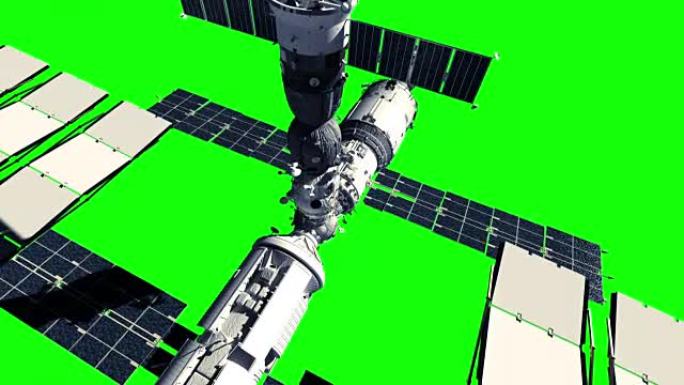 国际空间站的飞行。绿屏。
