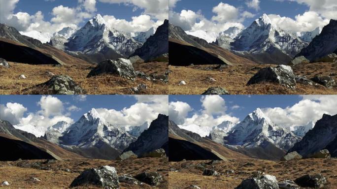 在前往珠穆朗玛峰大本营的途中，阿玛达布兰山的壮丽景色。尼泊尔，喜马拉雅山。Steadicam拍摄了白