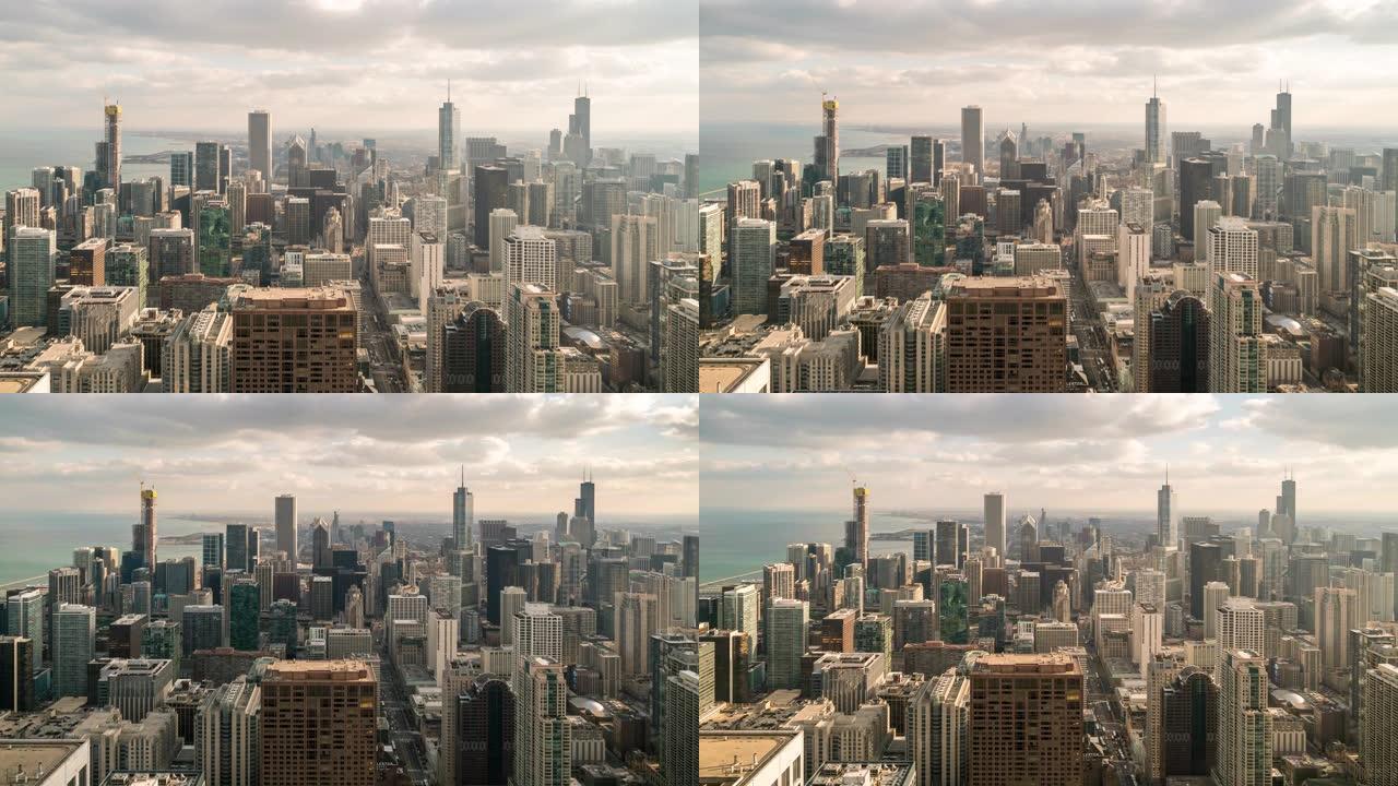 延时: 美国伊利诺伊州南环路芝加哥天际线城市景观的鸟瞰图
