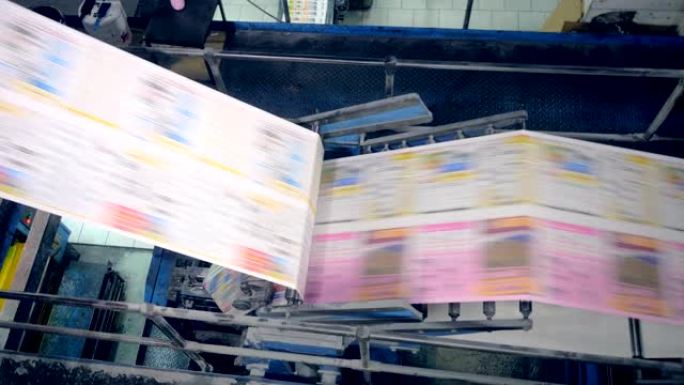 报纸在印刷传送带上移动，顶视图。