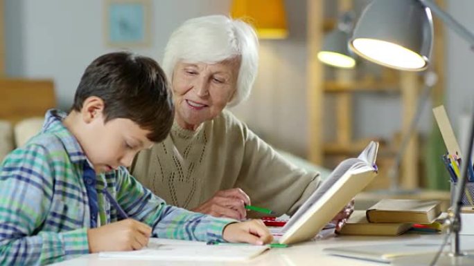 老年妇女与孙子一起做作业