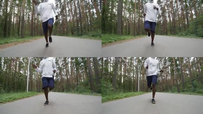 运动员沿着森林路奔跑