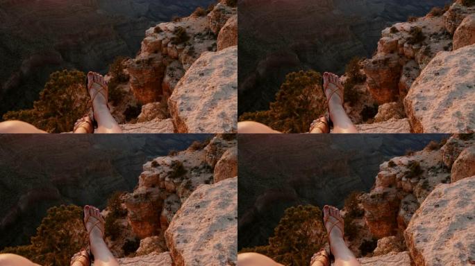 夏季大峡谷国家公园大落基山上方的人字拖女性腿的特写镜头。