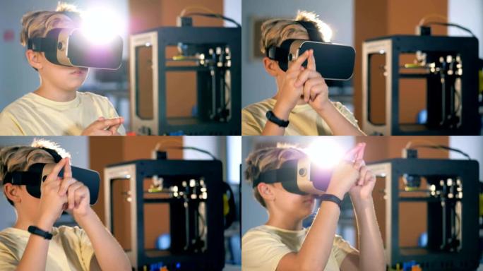 小学生使用虚拟现实眼镜制作3d打印小工具。