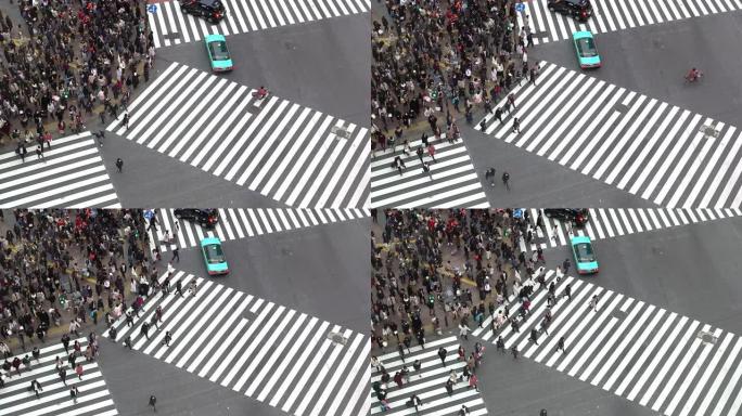 日本涩谷东京行人拥挤过马路的慢动作鸟瞰图