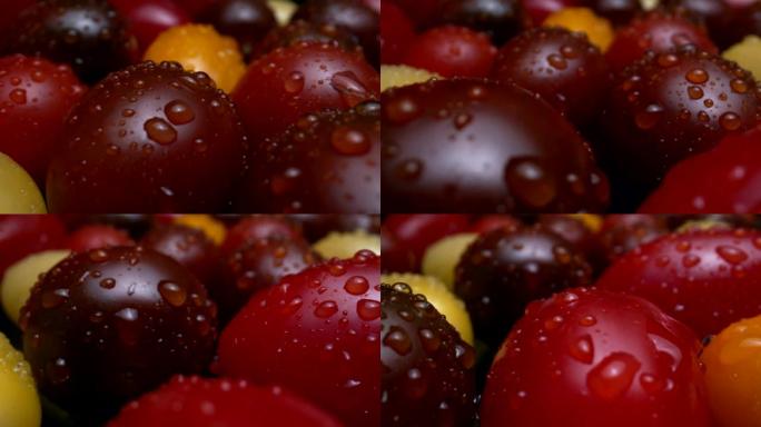 用微距探针镜头拍摄的传家宝葡萄樱桃番茄混合。