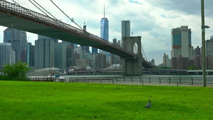 公园。布鲁克林大桥和曼哈顿金融区的景色