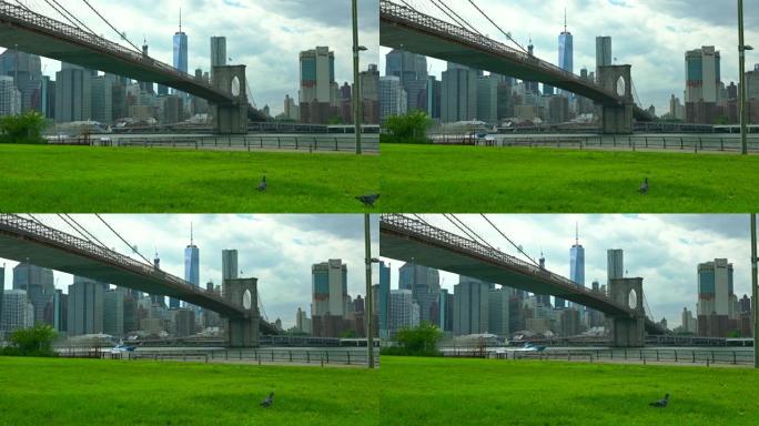 公园。布鲁克林大桥和曼哈顿金融区的景色