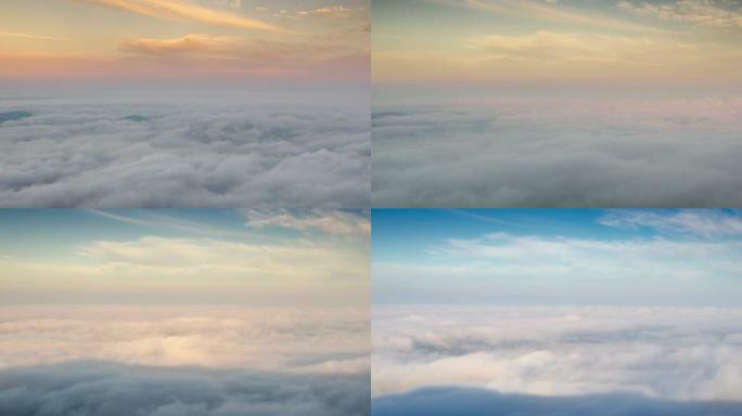 日出和多云的移动雾时间流逝在美丽的天空的山上自然，从右向左移动