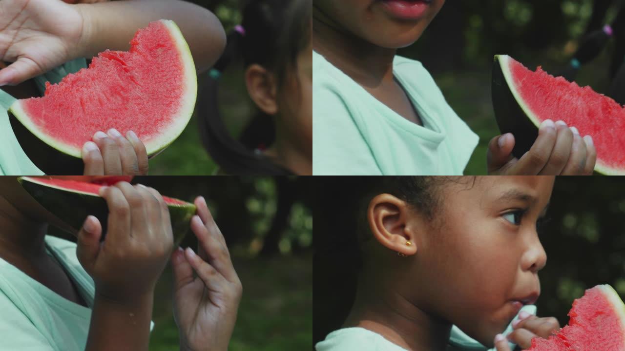 小女孩吃甜西瓜西瓜小女孩夏季小孩