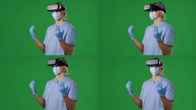 穿着磨砂膏和VR耳机的年轻外科医生