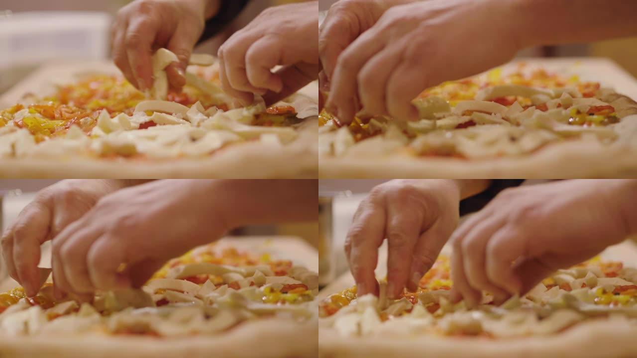 披萨厨师的双手特写，用高品质的意大利美食配料填充披萨