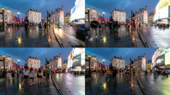 模糊的背景延时: 英国伦敦晚上，英国皮卡迪利广场市中心的行人通勤人群