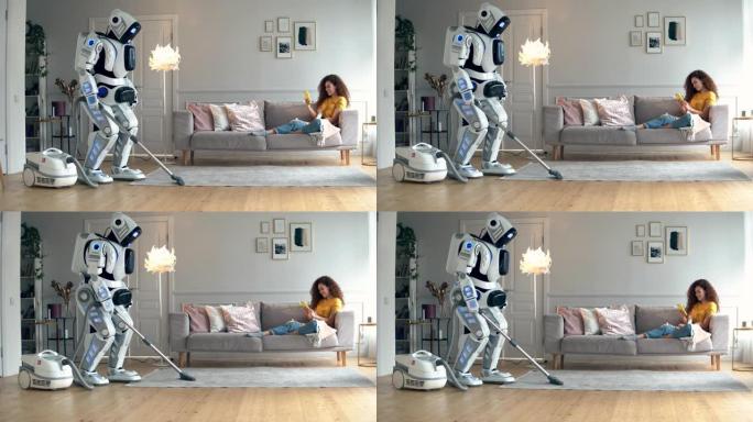 一个女孩躺在沙发上时，一个机器人做真空清洁。半机械人与人类概念。